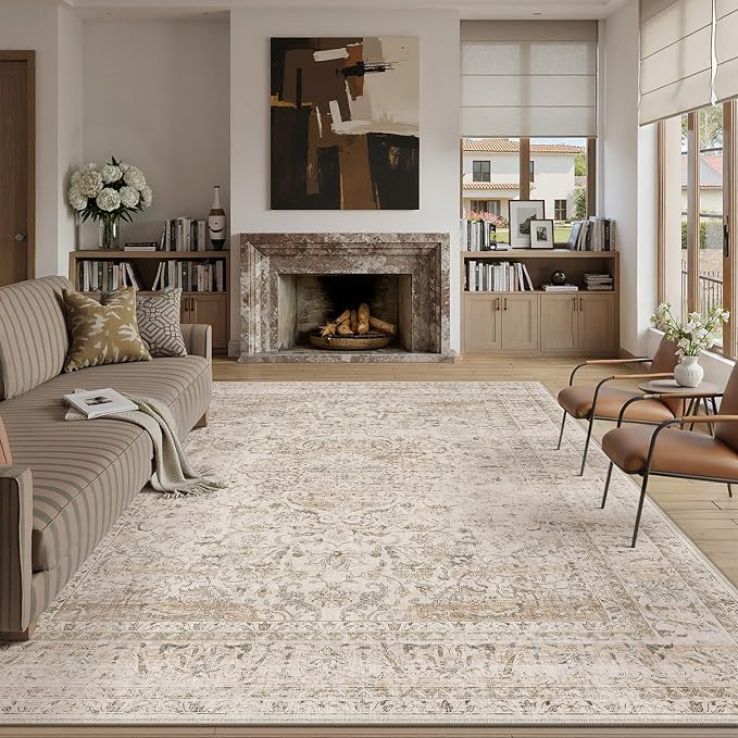 10x12 Washable Area Rug Beige Vintage Non Slip Soft Low Pile Rug for Living Room Bedroom Dining Room Office Distressed Oriental Indoor Large Throw Carpet for Home Decor
