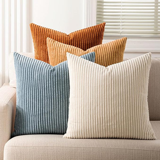 LANANAS Neutral Couch Throw Pillow Covers 18x18 Inch Set of 4 Decorative Farmhouse Boho Throw Pillows for Living Room, Couch, Bed, Sofa Soft Corduroy Accent Home Decor (Cream-Orange, 18x18 Inch)
