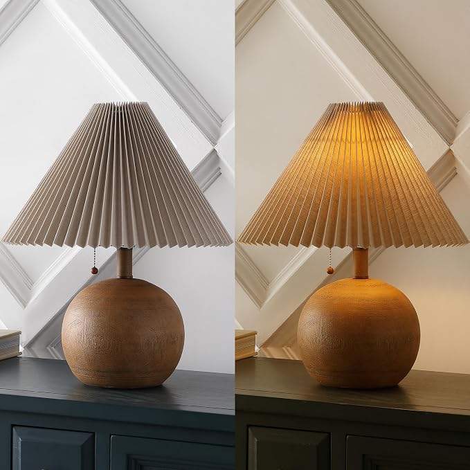 JONATHAN Y 17.25" Brown Wood Finish Sphere Table Lamp, Mid-Century Bedside Nightstand with Beige Pleated Linen Shade, Scandinavian Coastal Style, LED Bulb Included JYL1145A