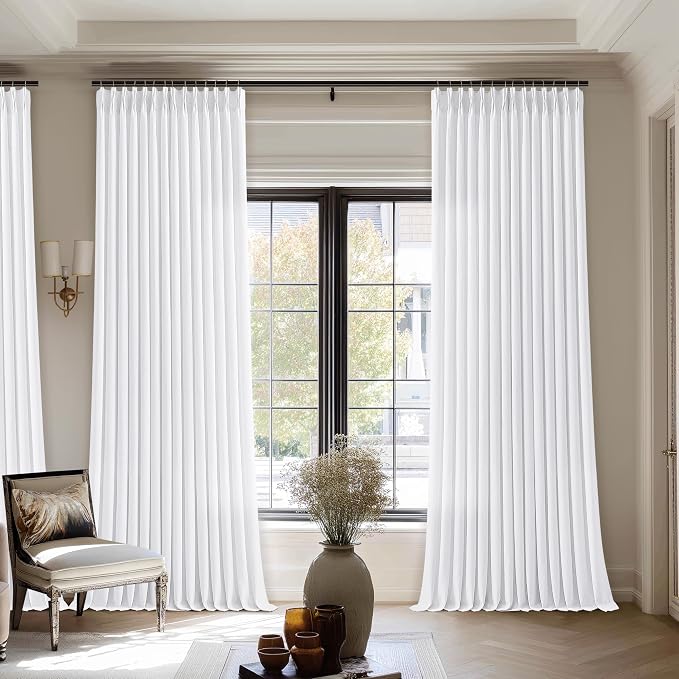 Extra Wide Pinch Pleat Linen Curtains 108 Inches Long for Living Room Sliding Glass Door 70 Inch Wide Semi Sheer Curtain White Pleated Drape Hooks Rings 70x108 Large Window Curtain 1 Panel