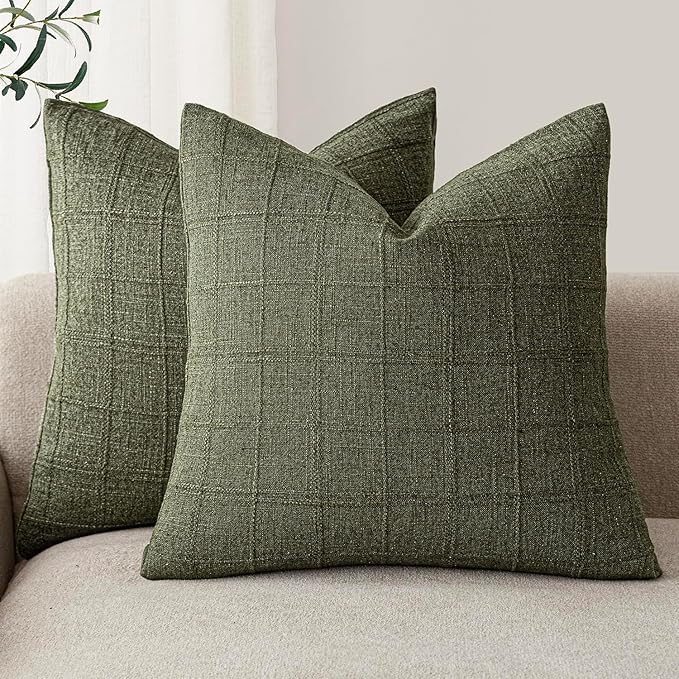 Foindtower Set of 2 Decorative Linen Check Throw Pillow Covers Neutral Farmhouse Vintage Cushion Covers Modern Boho Home Decor for Sofa Chair Couch Bedroom Living Room,18×18 Inch,Olive Green