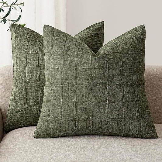 Foindtower Set of 2 Decorative Linen Check Throw Pillow Covers Neutral Farmhouse Vintage Cushion Covers Modern Boho Home Decor for Sofa Chair Couch Bedroom Living Room,20×20 Inch,Olive Green