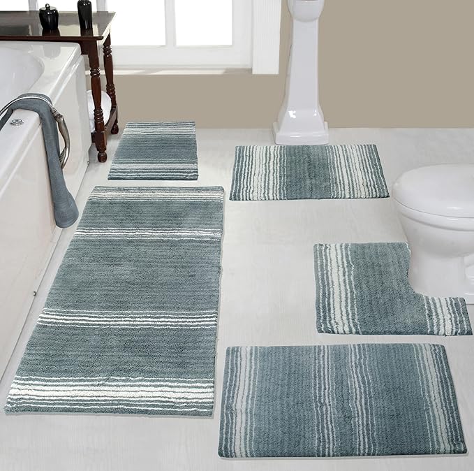 Home Weavers 100% Cotton Gradiation Collection Bathroom Décor | Washable Rug | Bathroom Mat | Kitchen Mat | Bathroom Rug Set | Bath Mat Set | Bath Floor Mat Non Slip, 5 Piece Set with Contour, Gray