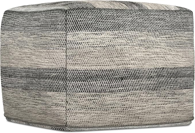 SIMPLIHOME Clay Square Pouf - 18 inch Wide Upholstered Cotton Ottoman in Grey/Natural, Boho Footstool, Decorative Cube Pouf or Extra Seating for Living Room, Bedroom, or Kids Room, Assembled