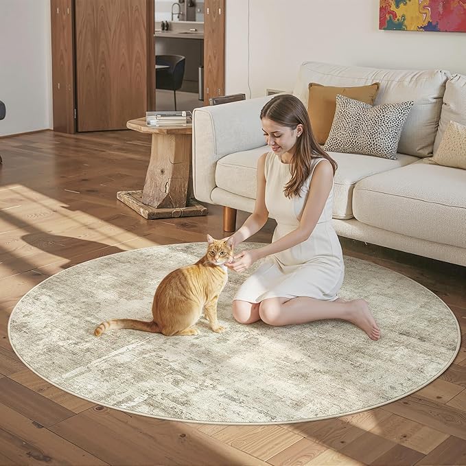 Soalmost 6x6 Beige Gray Round Rug 6ft Living Room Circle Rug Vintage Round Area Rug Non Slip Indoor Carpet for Dining Room Bedroom