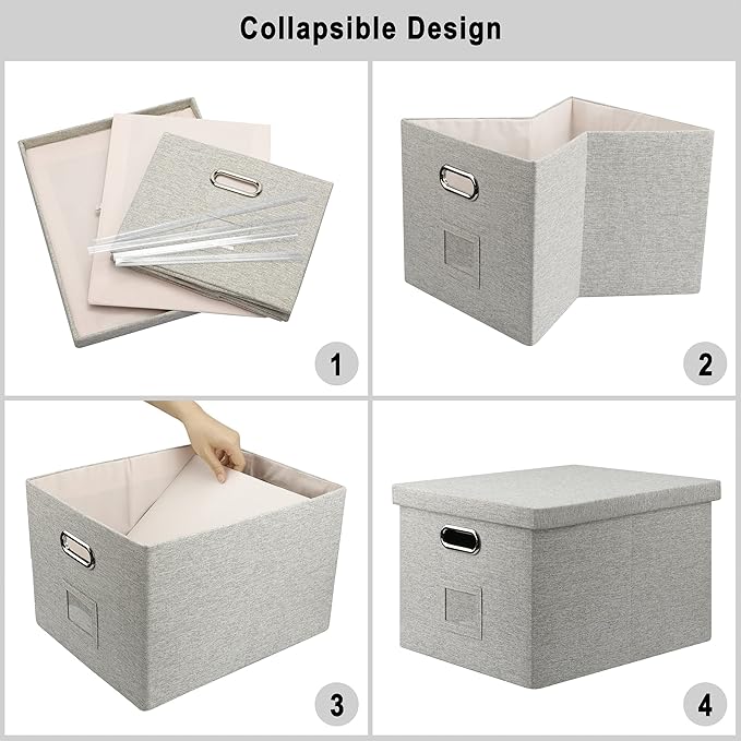 Graciadeco File Organizer Box, Collapsible Storage Filling Collectior with Lid for Letter Legal Size Hanging Folders Decorative Linen File Folder Box Document Storage Filing Bin, Beige 2 Pack