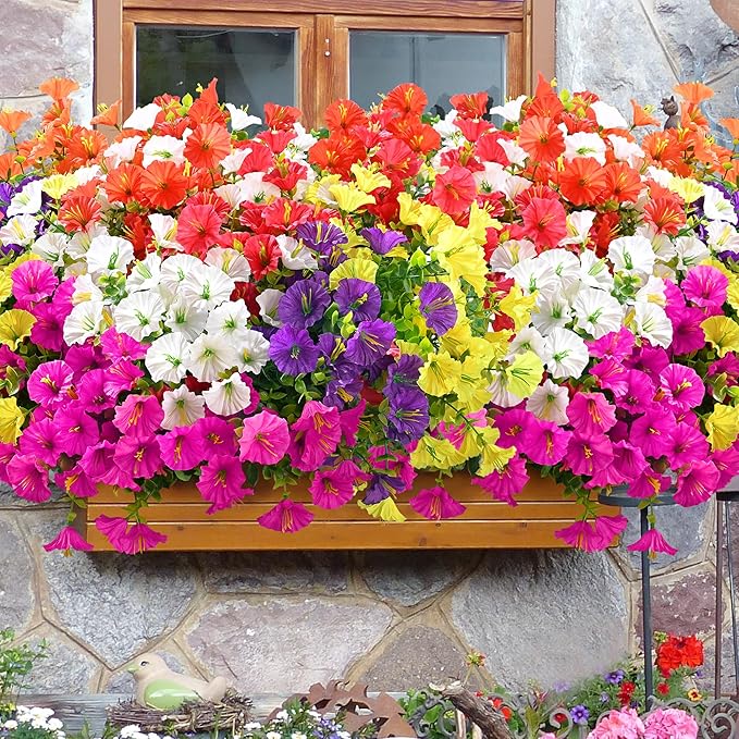 Waipfaru 24 Bundles Artificial Flowers for Outdoors Faux Plants Outdoor, UV Resistant Artificial Plants Outdoor, Silk Petunias Fake Flowers for Outside Home Decor Planter Porch Decoration, Mix Color