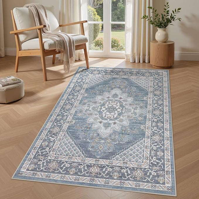 Tortania Area Rug Living Room Rugs - 3x5 Washable Rug Vintage Oriental Distressed Farmhouse Small Thin Indoor Carpet for Living Room Bedroom Under Dining Table Home Office - Blue