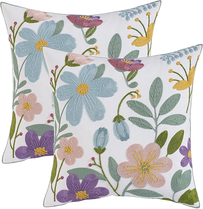 Embroidery Pillow Covers 18x18 Set of 2 Multicolored Flowers Throw Pillow Covers Farmhouse Pillow Cushion Case Spring Summer Decorative Farm Pillowcases Square Rustic Floral Pillow Case