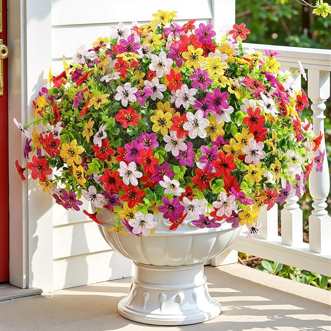 SHareconn 24 Bundles Artificial Flowers for Outdoors Spring Decoration, Fake Silk Realistic Faux Plants UV Resistant for Outside Planter Porch Patio Indoor Decor, RedPurpleYellowWhite