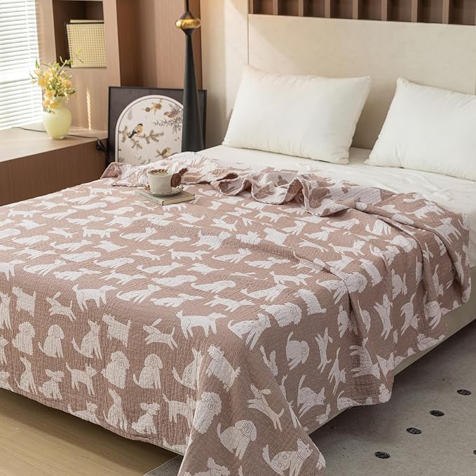 MEJU Dogs Puppy Brown Kids Muslin Lightweight Blanket for Bed Sofa Couch 100% Combed Cotton 3 Layer Soft Warm Indoor Throw Blanket Bedspread Bed Coverlet (Animals, Twin 60 in x 80 in)