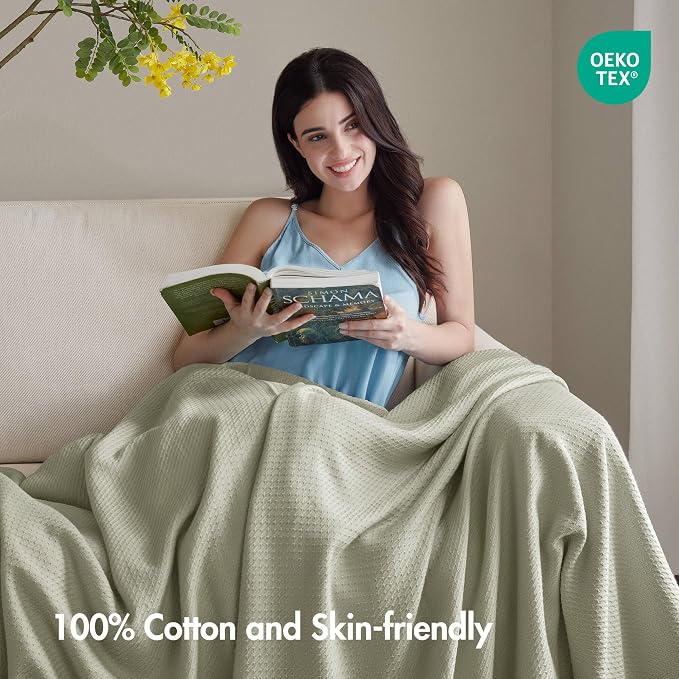 Madison Park 100% Egyptian Cotton Lightweight Summer Blanket, Breathable Waffle Knit Design, Soft Cozy All-Season Throw for Bed, Couch or Sofa, Sage Green King Size (108"x90")