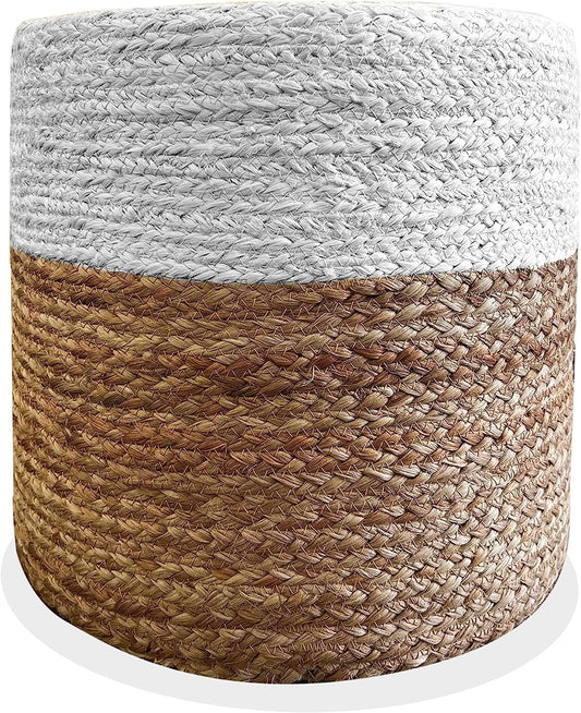 Jute Pouf Ottoman | Footrest Pouf | Hand Braided - Round Boho Pouffe - for Living Room, Bedroom, Nursery (16"x16"x16") Ivory