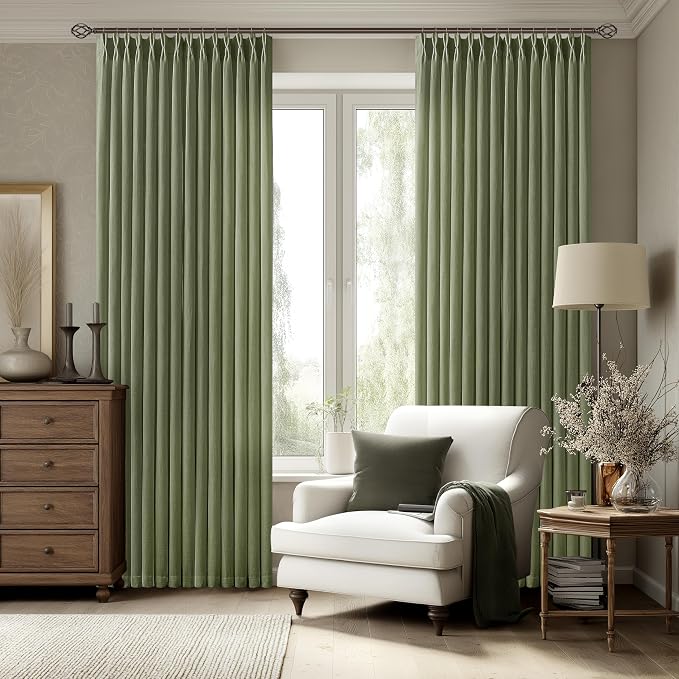 Olive Green Pleated Linen Curtains 80 Inches Long for Living Dining Room Bedroom Light Filtering Boho Window Drapes with Hooks Rings Sliding Glass Door Semi Sheer Curtain Pinch Pleat 2 Panels 40x80