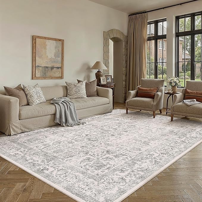 PureCozy Gray Area Rug 5x8 Machine Washable Vintage Living Room Distressed Non Slip Carpet Traditional Indoor Bedroom Grey Retro Floral Accent Throw Large Rug for Office Kitchen Bathroom Dining Room