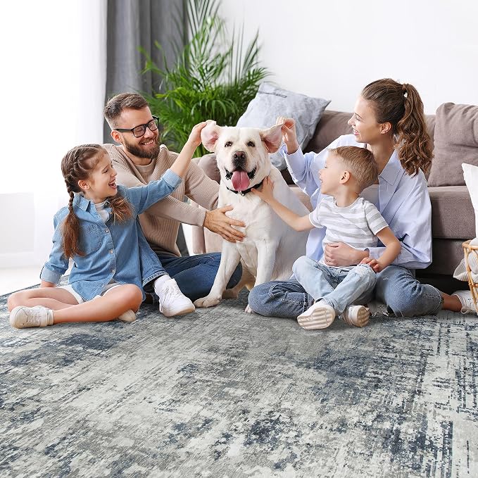 10x14 Area Rugs Large Living Room Rug Washable: Modern Abstract Rug Indoor Modern Carpet Non Slip for Dining Room Bedroom Nursery Home Office Blue/Grey