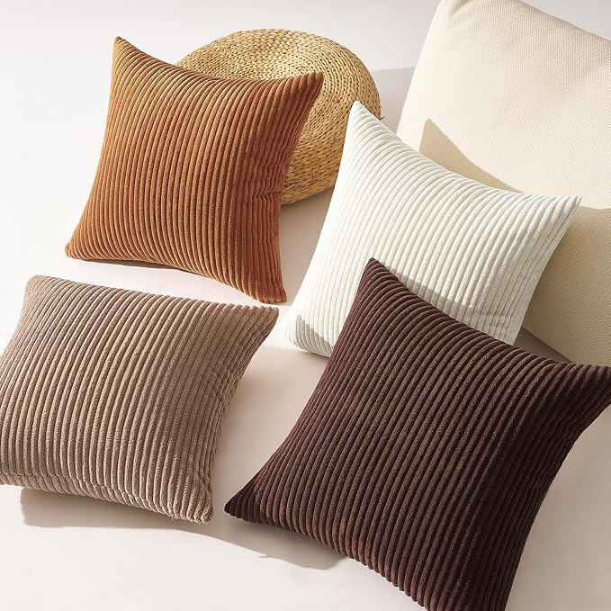 Topfinel 24 by 24 Gold Brown Gradient Farmhouse Pillow Case Pillow Covers Set of 4 Rustic Modern Soft Corduroy Striped Decorative Cushion Cover for Sofa Couch Living Room Bedroom