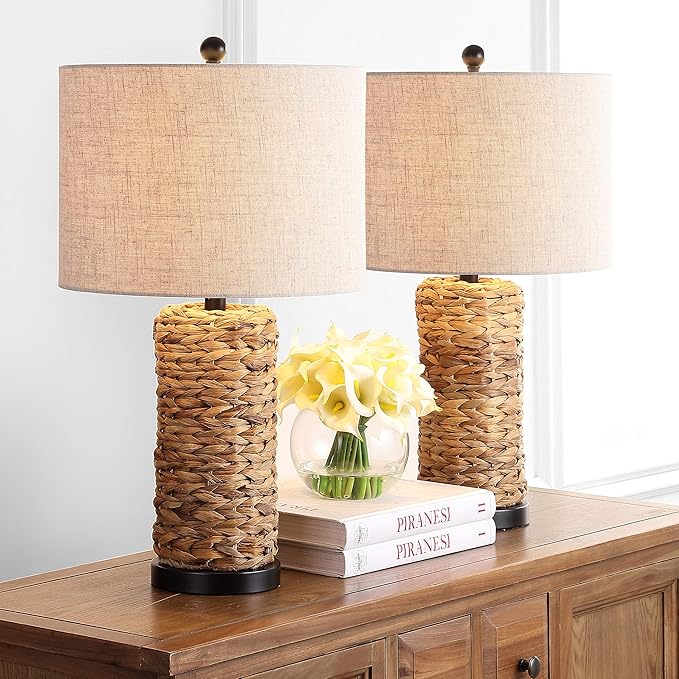 JONATHAN Y 25" Natural Coastal Water Hyacinth Table Lamp Set of 2, Bedside Lamp with Light Grey Linen Shade, Boho Farmhouse Decor for Living Room Nightstand, LED Bulbs JYL6502A-SET2