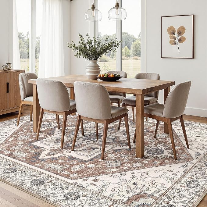 Area Rug 10x14 for Living Room - Washable Oriental Vintage Floral Distressed Large Indoor Carpets with Non Slip Back for Bedroom Dining Room Nursery Office Home Decor -Terracotta/Brown