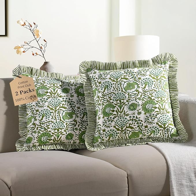 CPC Block Print Ruffle Throw Cover Agate Green 18"x18" Inch Pack of 2-100% Cotton Ruffle Couch Decorative Boho Pillows Case for Living Room, Bedroom, Sofa, Farmhouse Gift for Spring, Mother's Day