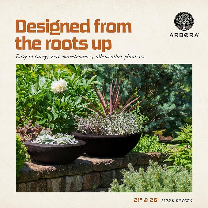 ARBORA 21" Santorini Bowl 2-Pack with Aged Iron Finish - Polyresin Indoor and Outdoor Planters, Durable, Weatherproof, Lightweight, Large Plant Pots for Patio, Garden, Deck, Entryway