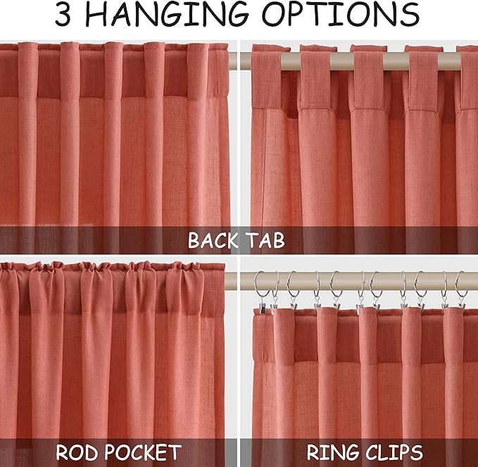 Nanspring Coral Linen Curtains 108 Inches Long 2 Panels Set Back Tab Loop Pocket Light Filtering Semi Sheer Boho Large Window Decor Extra Long Drapes for High Ceiling Living Room 52x108