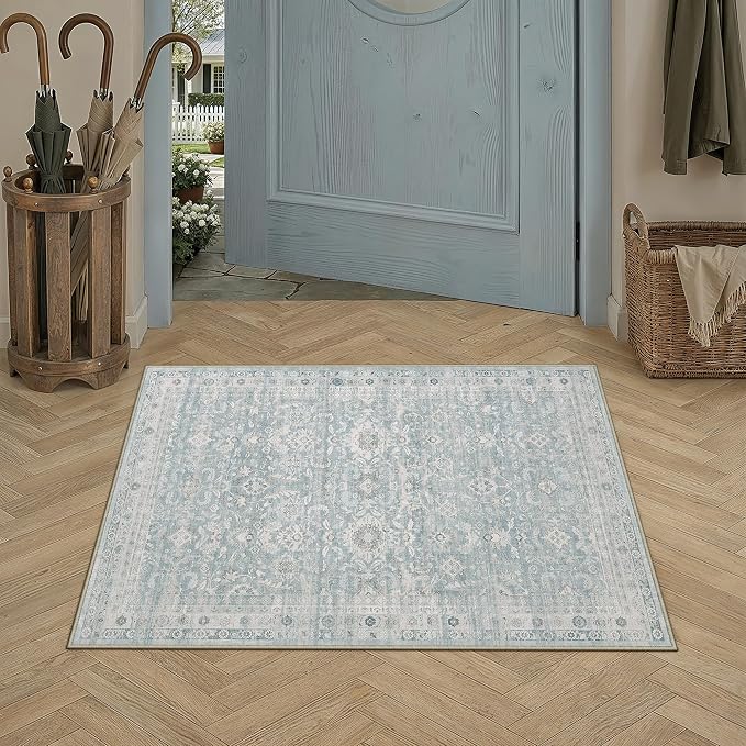 2x3 Blue Washable Neutral Area Rug for Living Room Distressed Floral Non Slip Thin Throw Rug Indoor Vintage Stain Resistant Distressed Doormat Entrance Dinning Laundry Room Kitchen Bathroom
