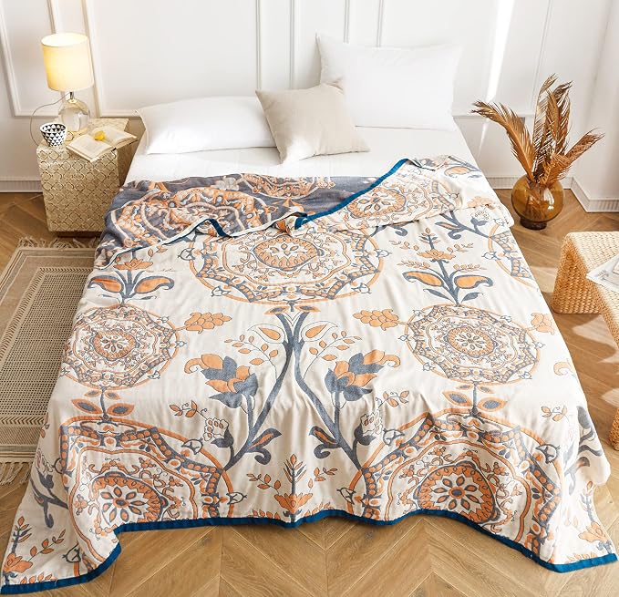 MEJU Round Flower Branch Boho Mandala Muslin All Season Throw Blanket for Bed Sofa Couch, 100% Cotton 4 Layer Soft Warm Farmhouse Retro Throw Blanket Bed Coverlet Full Queen 80 in x 90 in