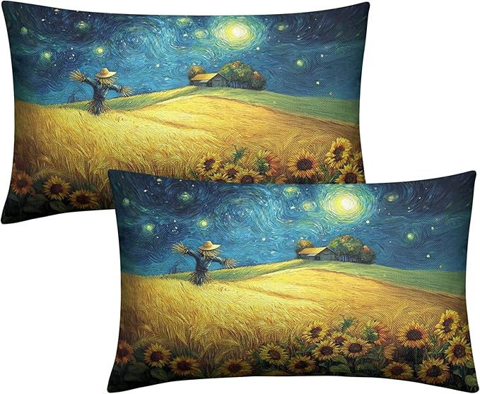 Fall Lumbar Throw Pillow Covers 12x20 Set of 2 Autumn Sunflower Wheat Field Harvest Pillow Covers Scarecrow Under Van Gogh Starry Night Rectangular Pillowcase for Home Decor Couch