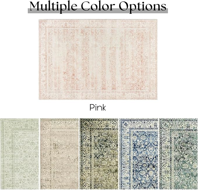 BILEEHOME Vintage Pink Rug 4x6 Washable Non Slip Floral Aesthetic Indoor Rugs for Entryway Kitchen Low Pile Carpet for Laundry Room Bathroom Front Door Mat for Entrance 4 x 6
