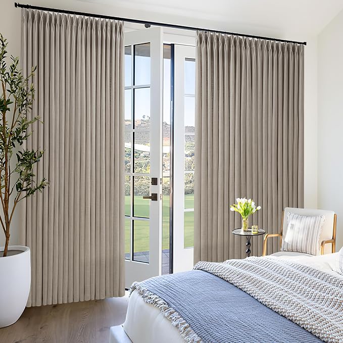 Pinch Pleated Linen 102 Inch Curtains 60 Inch Width for Living Room Divider Light Filtering Thick Burlywood Birch Linen Extra Wide Patio Curtains for Sliding Door Floor to Ceiling Window 1 Panel