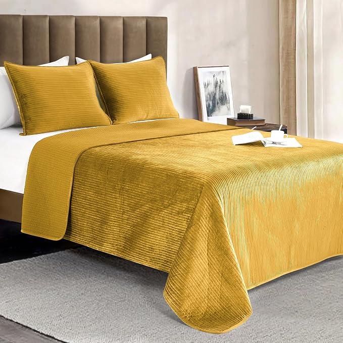 Elegant Comfort Luxury 3-Piece Velvet Corduroy Stripe Quilt Set, Ultra Soft Bedspread - Cozy Velvet Coverlet Set - 3PC Medium Weight Quilted Set with Matching Pillow Shams, Queen, Gold