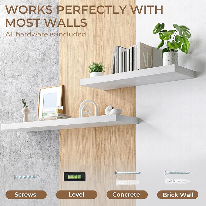 RICHFOCUS Deep Floating Shelves for Wall 2 Pack 12" D 16 Inch Wall Shelves for Room Wall|Wood Hanging Shelf with Invisible Brackets for Bathroom Bedroom Kitchen Laundry Room, White