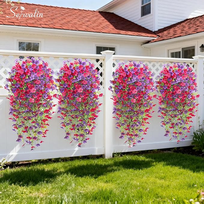 Serwalin 12PCS Artificial Hanging Flowers for Outdoors, UV Resistant Fake Hanging Plants, Realistic Weatherproof Outdoor Decor for Patio, Porch, Garden & Window (Purple& Hot Pink,12PCS)