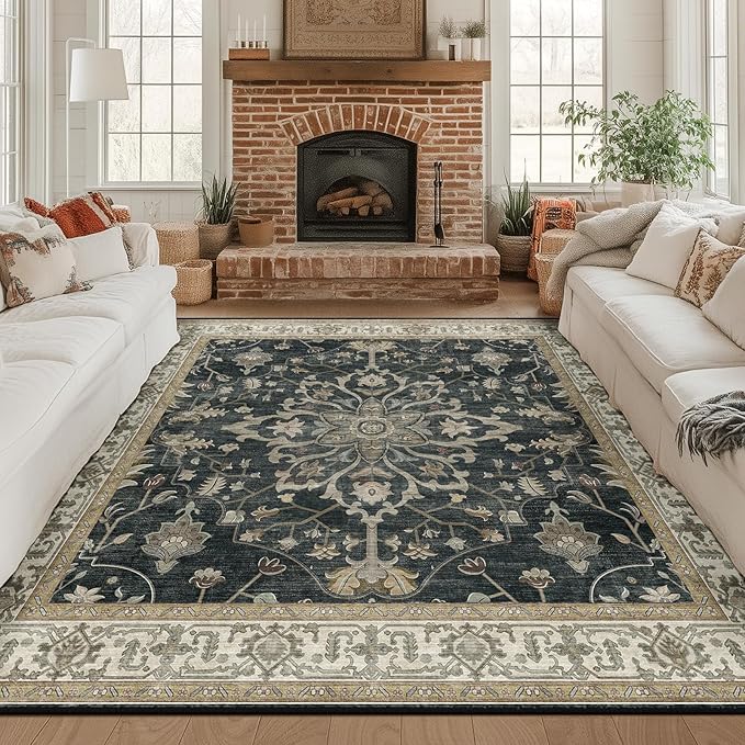 RELEANY Area Rugs Square 8ft Washable Non-Slip, Floral Vintage Distress Print Pattern Medallion Carpet for Living Room Bedroom Dining Room, Vintage Black Brown Neutral