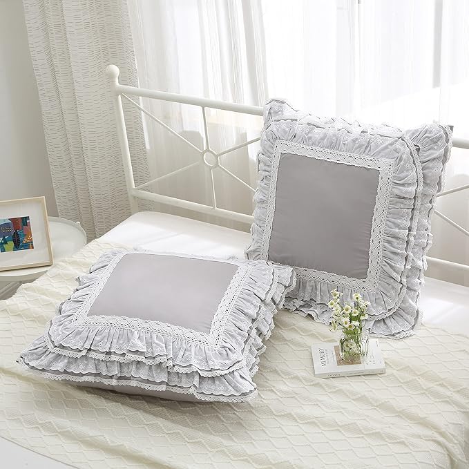 Light Gray Lace Euro Shams Luxury Throw Pillow Covers Cushion Cases with Ruffles Cotton 26"X26" Zipper Closure Elegant 2-Pack
