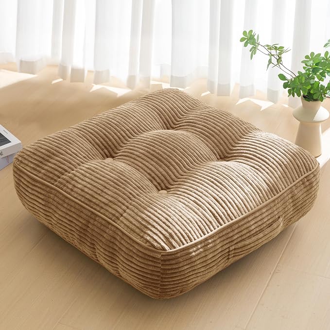 HIGOGOGO 6" Extra Thick Floor Pillow Cushion for Adults, Meditation Cushion Pillow, Large Square Floor Sitting, Tufted Corduroy Cover, for Tatami Living Room or Yoga, 22x22 Inch, Coffee