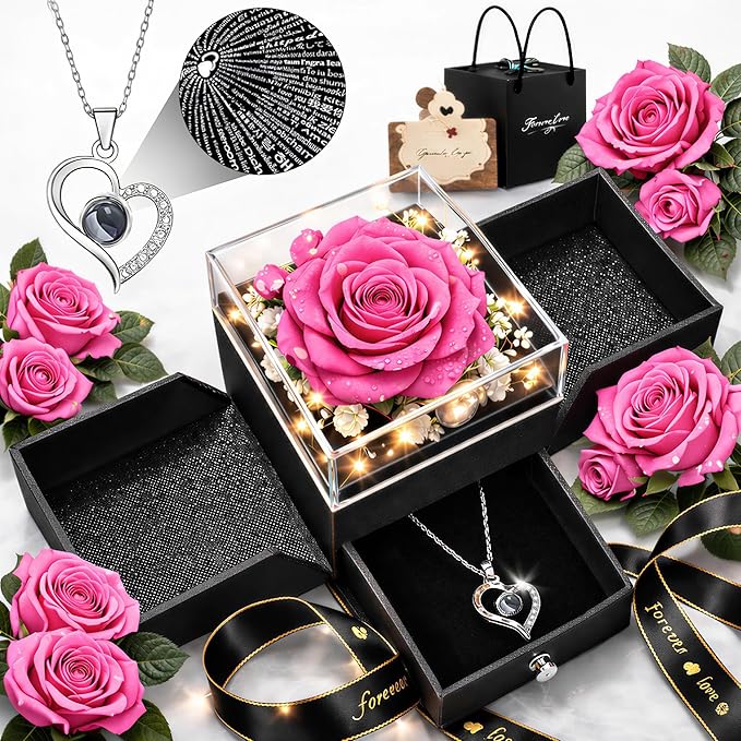 Forever Love Preserved Real Rose with Heart Necklace, Mothers Day Gifts for Mom, Wife, Anniversary Birthday Gifts for Women – Projects “I Love You” in 100 Languages