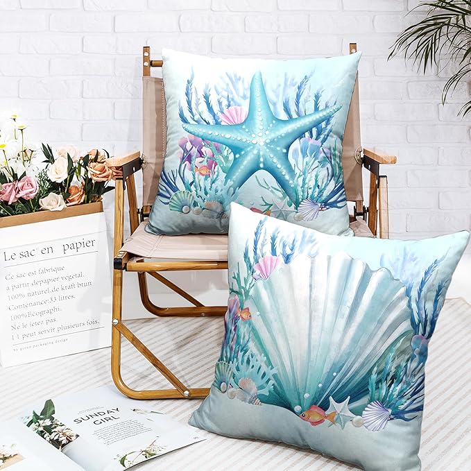 Ocean Themed Coastal Pillow Covers Seashells Starfish Throw Pillow Covers 24x24 Set of 2 Blue Seaweed Coral Pillowcase Double Sided Printing Cushion Case for Patio Outdoor Sofa