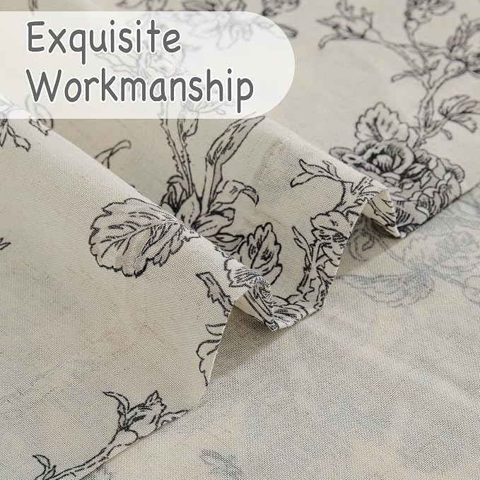 StangH Floral Linen Curtains 96 inches Long, Black Printed Bedroom Curtains Farmhouse Semi Sheer Window Drapes for Living Room Nursery, W52 x L96, 2 Panels