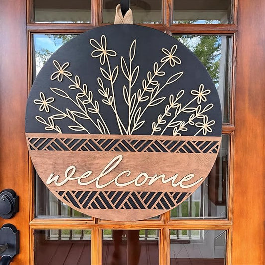 3D Welcome Sign for Front Door, Rustic Round Wood Wreaths Wall Hanging Modern Farmhouse Decor, House Warming Gifts New Home, Porch Fence Decorations for Spring Summer Fall All Seasons Holiday Outdoor