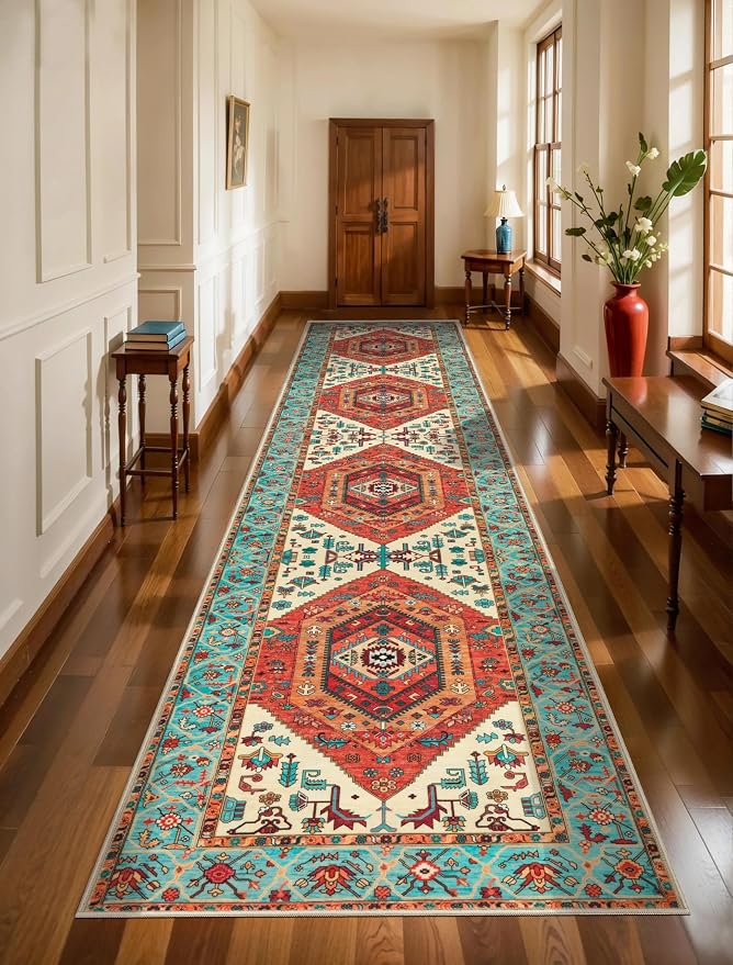 SERISSA Runner Rug for Hallways, 3x12 Washable Non Slip Kitchen Runner Rug, Extra Long Boho Rug Ultra Soft Vintage Orange Print Floor Carpet for Bedroom Hallway Entryway Bathroom Laundry Room