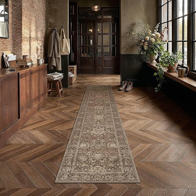 HUGEAR Hallway Runner Rugs 2x10 Brown Washable Rug Neutral Vintage Rug Carpet Distressed Soft Durable Non Slip No Shedding for Indoor Bedroom Kitchen Dining Nursery Laundry