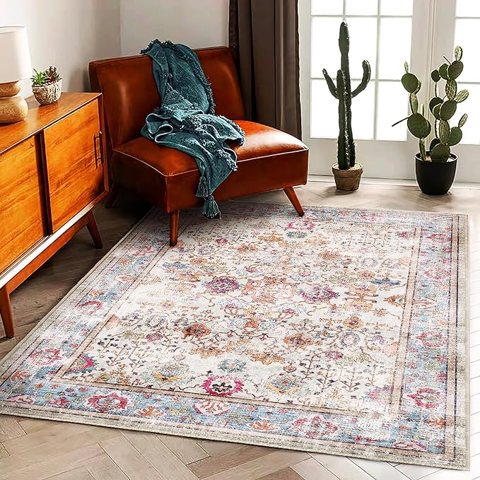CHAMPLANT Washable 9'x12' Area Rug Vintage Traditional Distressed Indoor Foldable Thin Retro Accent Floral Non Slip Carpet Living Room Dining Room Office