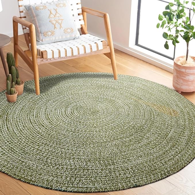 Superior Indoor/Outdoor Area Rug, Dual-Tone Reversible Braided Floor Decor for Patio, Front Porch, Entryway, Living Room, Office, Nursery, Artistic Home, 4' Round, Green-White
