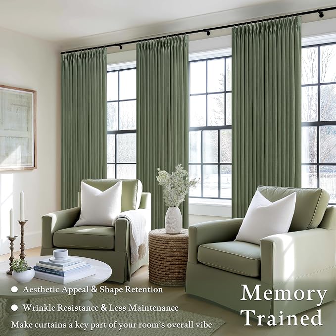 Pinch Pleated Olive Green Linen Curtains 84 Inches Long 2 Panels Set for Living Room Bedroom Dining Pinch Pleat Back Tab Light Filtering Farmhouse Boho Dark Green Loden Window Curtain Drapes W50xL84