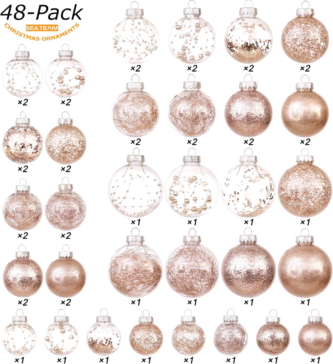 Sea Team Christmas Baubles Set Clear Plastic Shatterproof Multi-Size Decorative Christmas Balls with Stuffed Delicate Decorations (48 Pieces, Rose Gold)