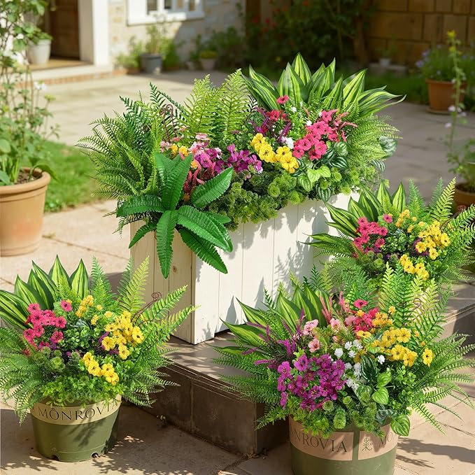 Alupssuc 48Pcs Artificial Flowers and Plants,UV Resistant & No Fade Fake Plastic Greenery Shrubs for Home Garden, Pathway, Front Porch-Spring Summer Decor, Indoor/Outdoor Use,Rosy Purple Yellow Pink
