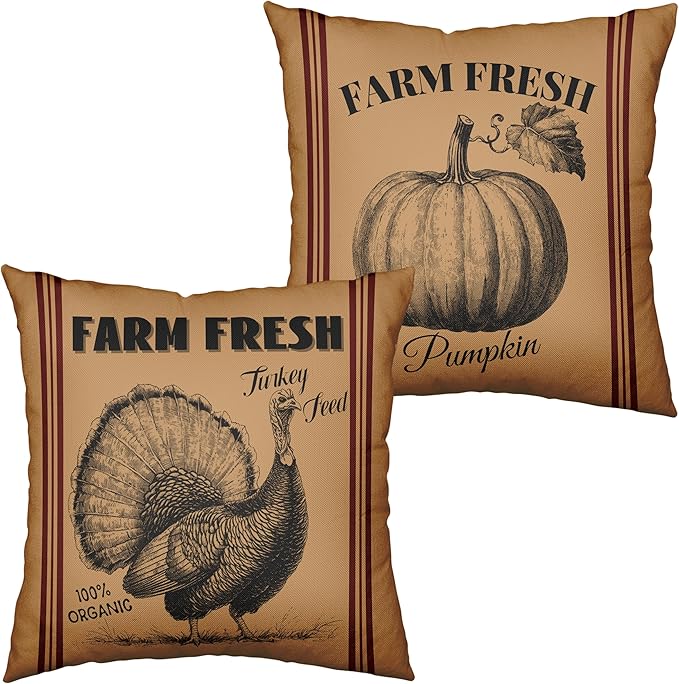 Fall Pillow Covers 16x16 Set of 2 Vintage Farmhouse Throw Pillow Covers Retro Farm Fresh Turkey Pumpkin Pillowcase Thanksgiving Cushion Case for Home Decor Couch Sofa