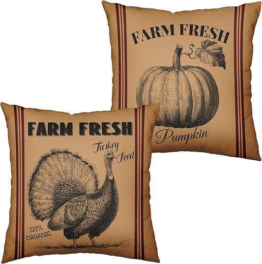 Fall Pillow Covers 16x16 Set of 2 Vintage Farmhouse Throw Pillow Covers Retro Farm Fresh Turkey Pumpkin Pillowcase Thanksgiving Cushion Case for Home Decor Couch Sofa
